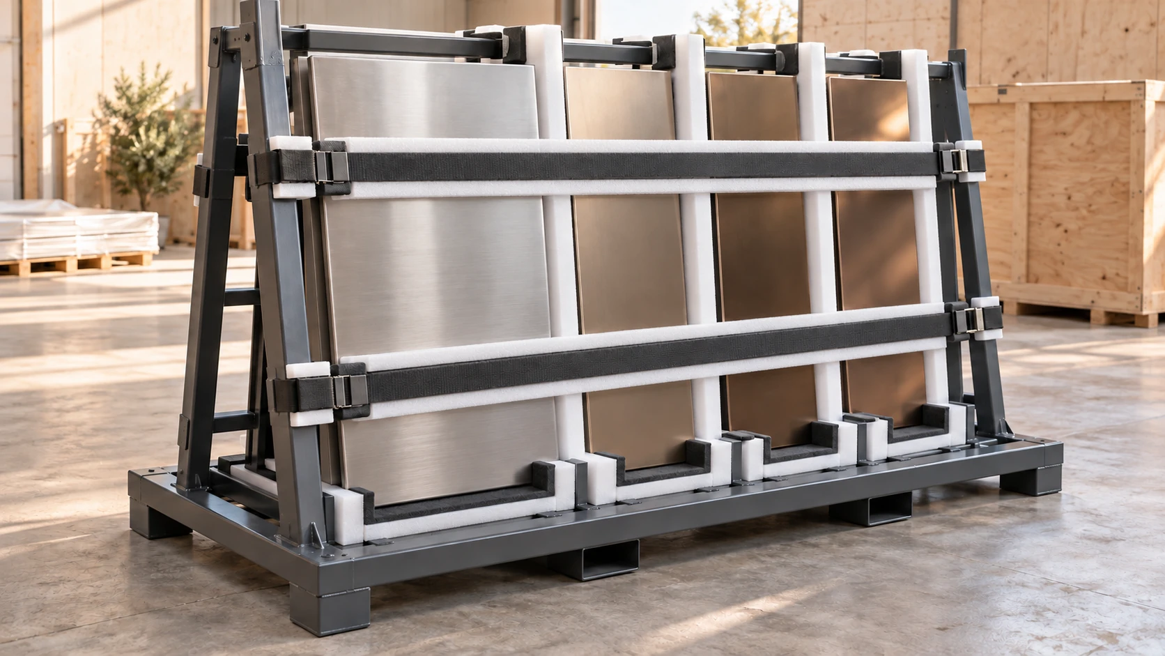Illustrative steel transport rack holding individually protected metal panels.
