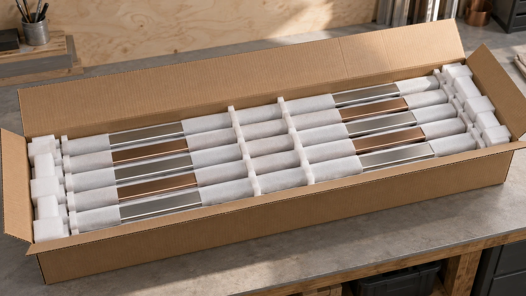 Illustrative carton containing wrapped metal trims with separators and a packing list.