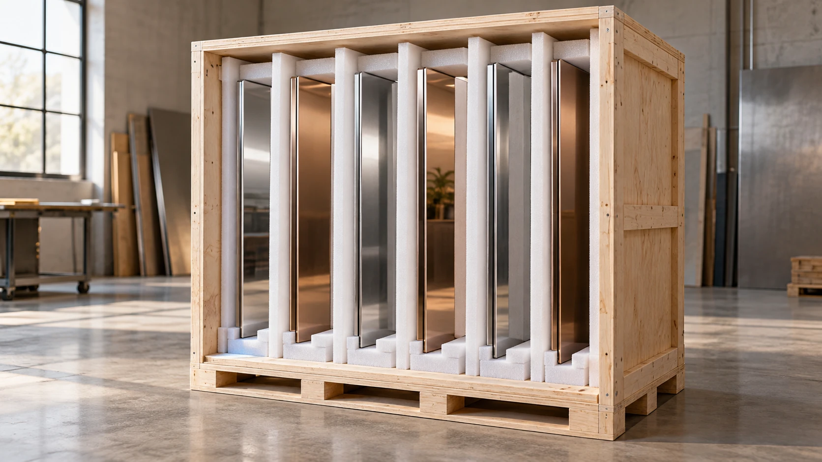 Illustrative vertical crate with protected architectural metal panels and internal separators.