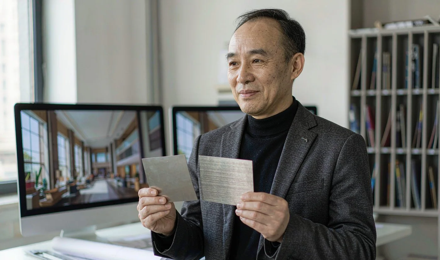 Interior designer Mr. Wang comparing two brushed stainless steel sample coupons in his studio
