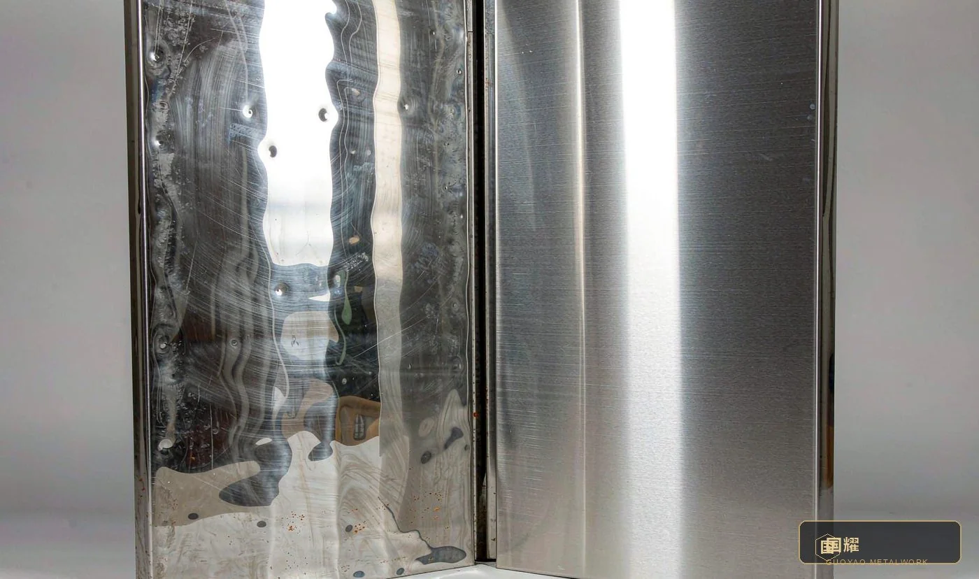 Side-by-side comparison of a wavy cheap brushed panel and a premium flat panel