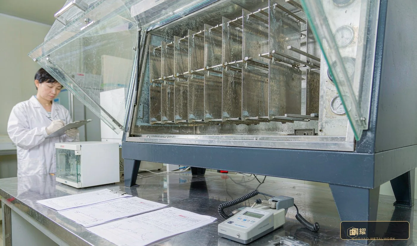 Materials testing laboratory with salt spray chamber, instruments and printed reports