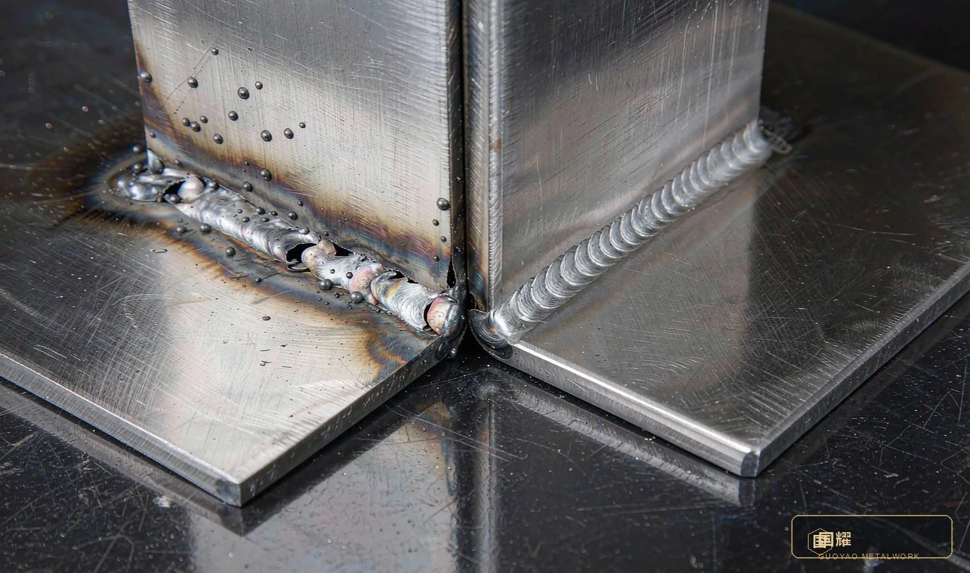 Macro comparison of a poor weld with spatter and heat tint versus a perfect cleaned weld