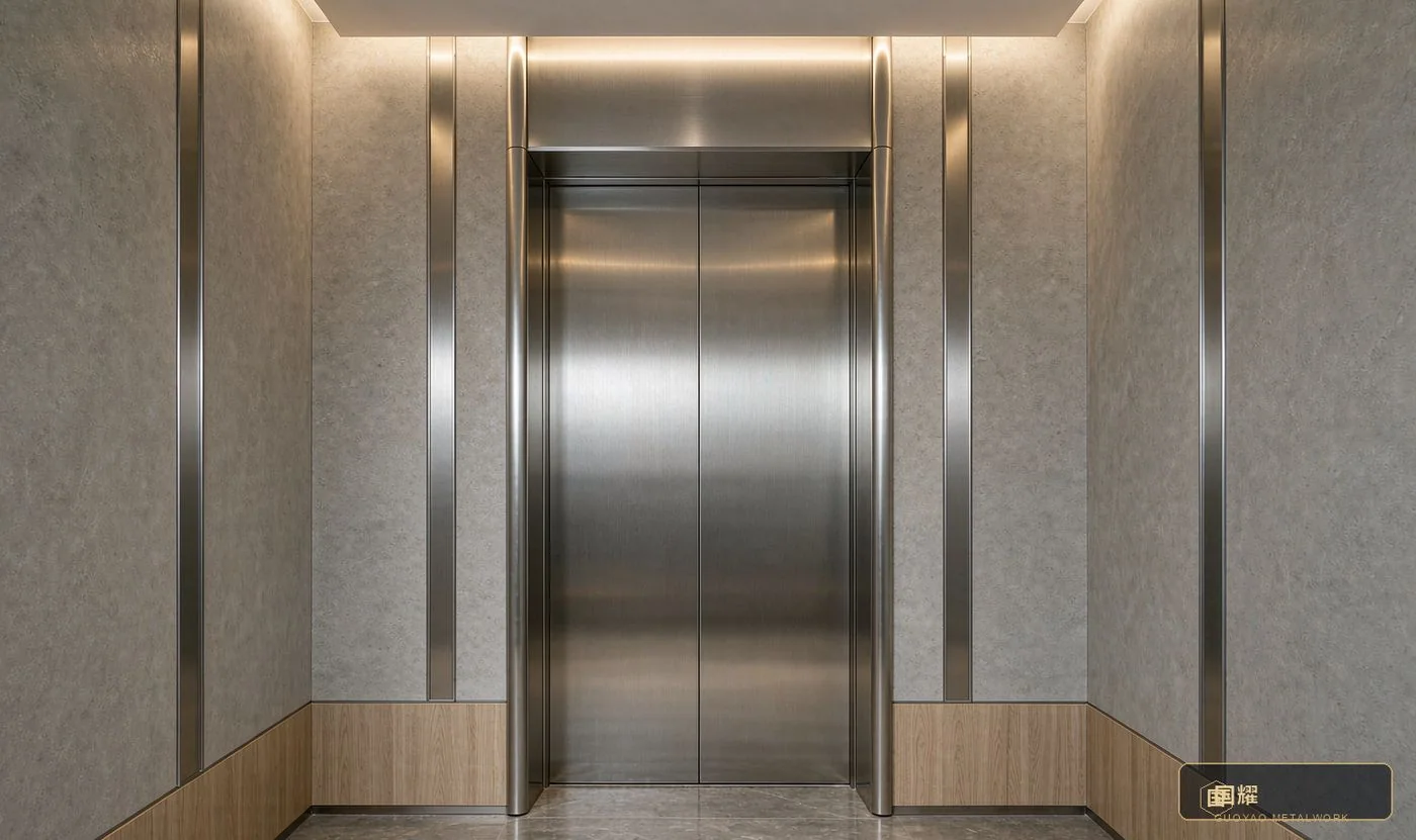 Residence lift lobby in the field: long-grain brushed matte door casings and inlay strips blending into timber veneer