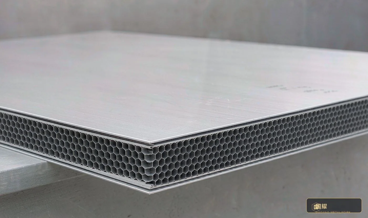 Aluminium honeycomb panel cross-section: 10–25 mm total, light and very flat, ideal for large areas