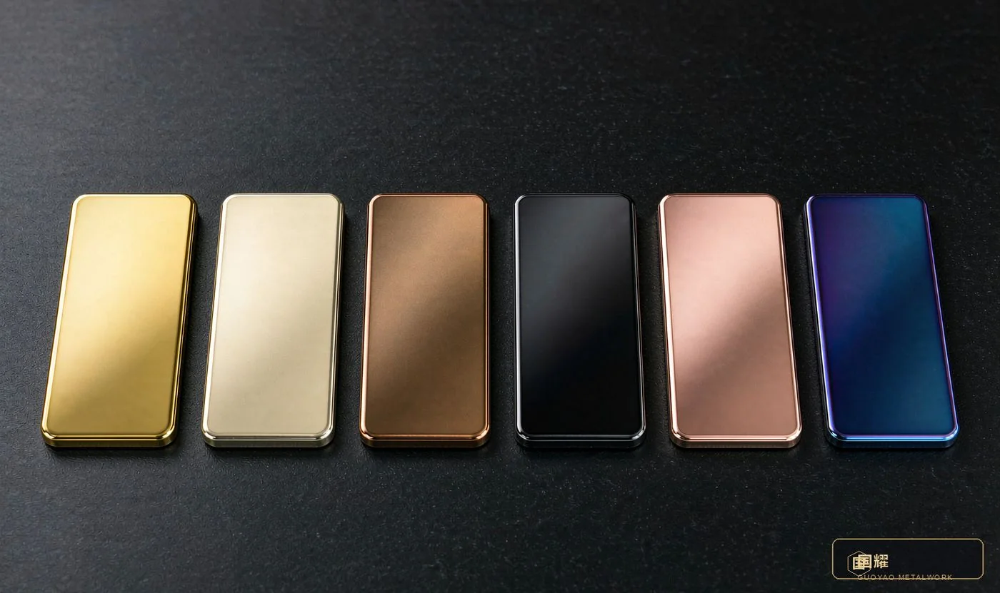 Physical PVD colour sample boards: gold TiN / champagne gold / bronze / black titanium / rose gold / blue titanium
