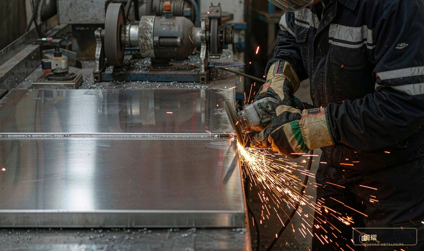 Weld grinding: grit-by-grit blending to remove bumps and colour shift, flatness checked with a 1 m straightedge