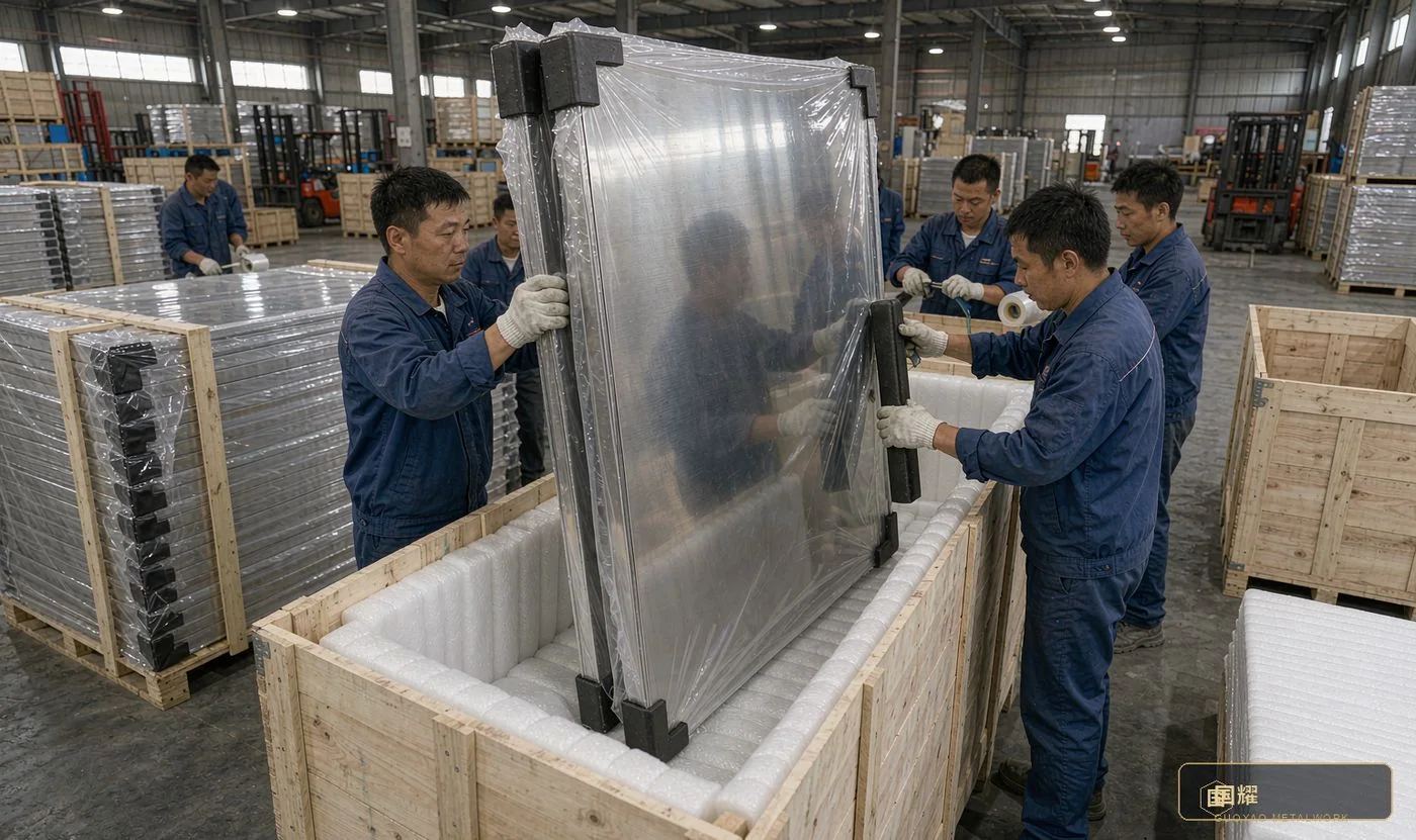 Packing: PE protective film and corner guards, upright in timber crates, never stacked flat