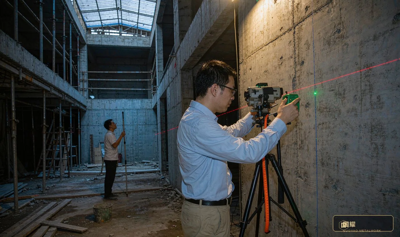 Setting out: laser level control lines, substrate re-checked to flatness ≤ 3 mm/2 m
