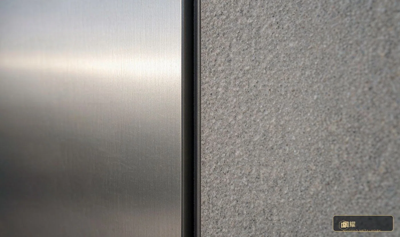Metal-to-stone junction in the field: 3 mm shadow groove with elastic sealant or open, expansion differing about 4×