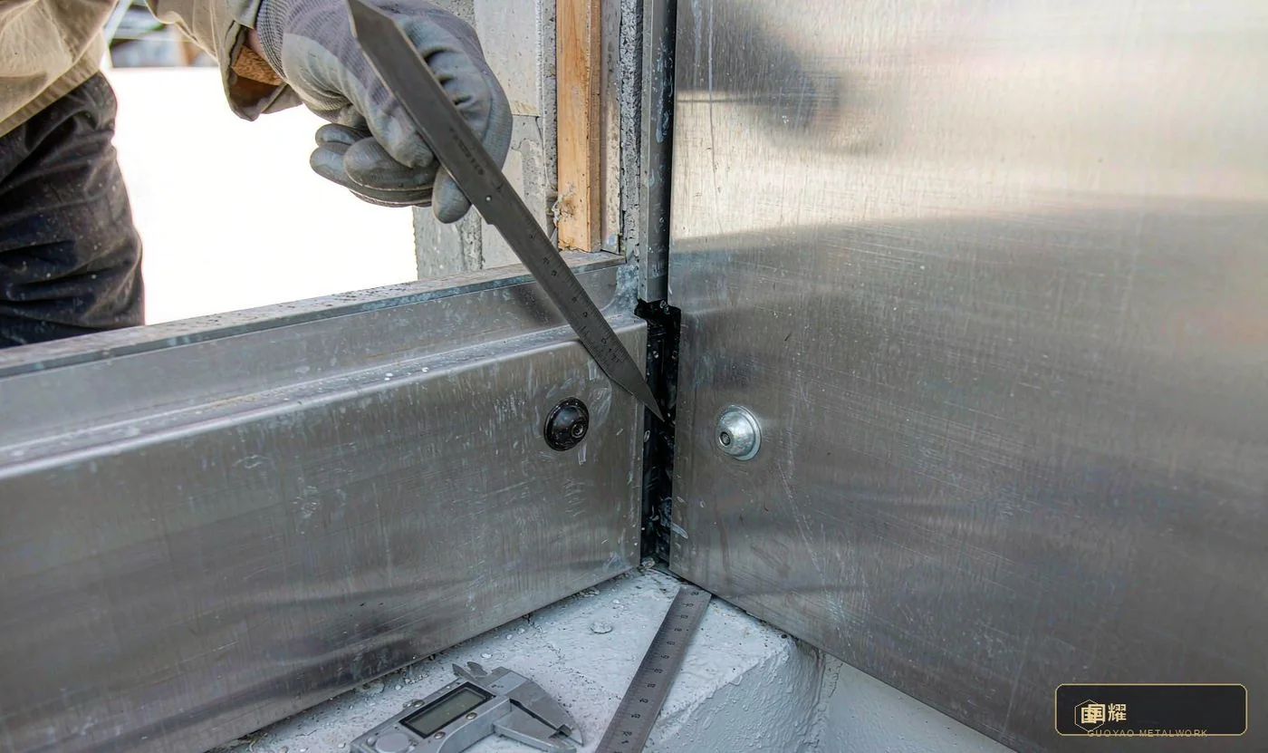 Feeler gauge and caliper re-checking a panel joint and an expansion-joint gap on site