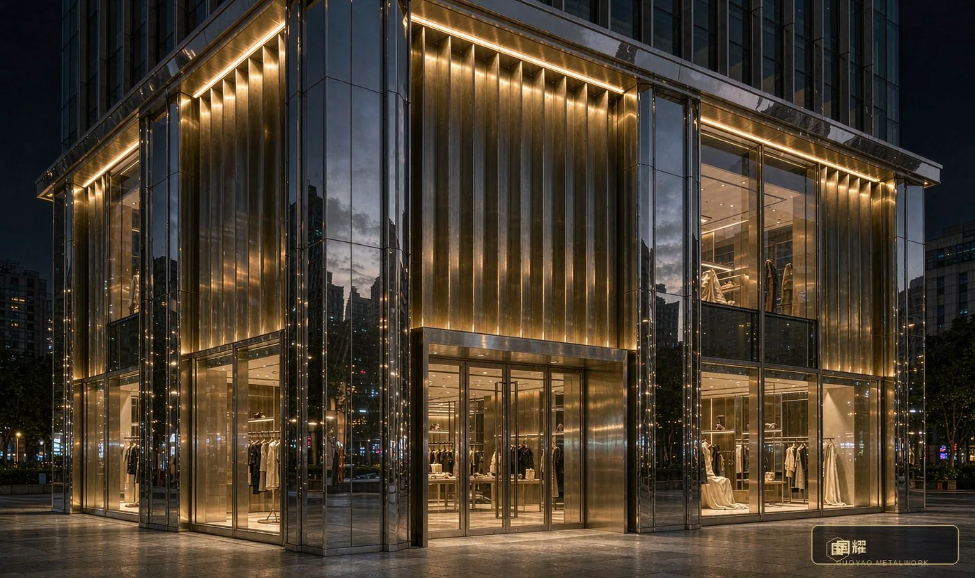 Luxury retail flagship facade at night clad in mirror-polished stainless steel and brushed brass fins with concealed linear lighting.