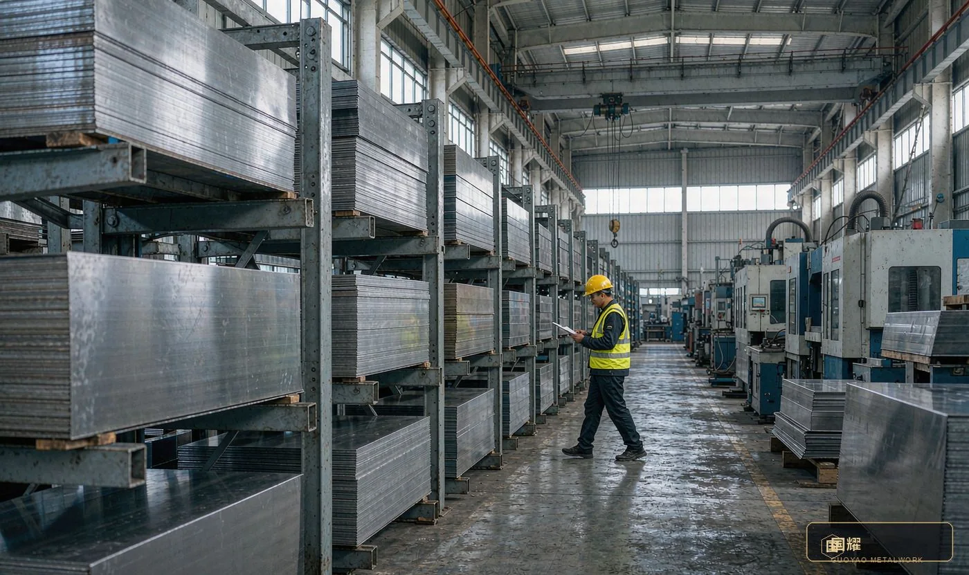 Supplier pre-screening on site: an auditor checking capacity and equipment in the stainless sheet-stock warehouse