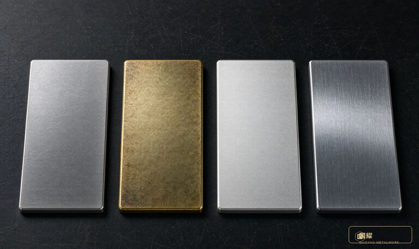Four base-material sample plates: stainless steel, brass, aluminium, titanium