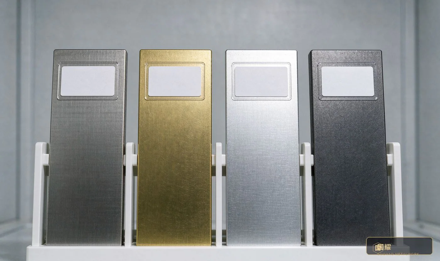 Four candidate base-material samples: 316L stainless, brass, aluminium, titanium