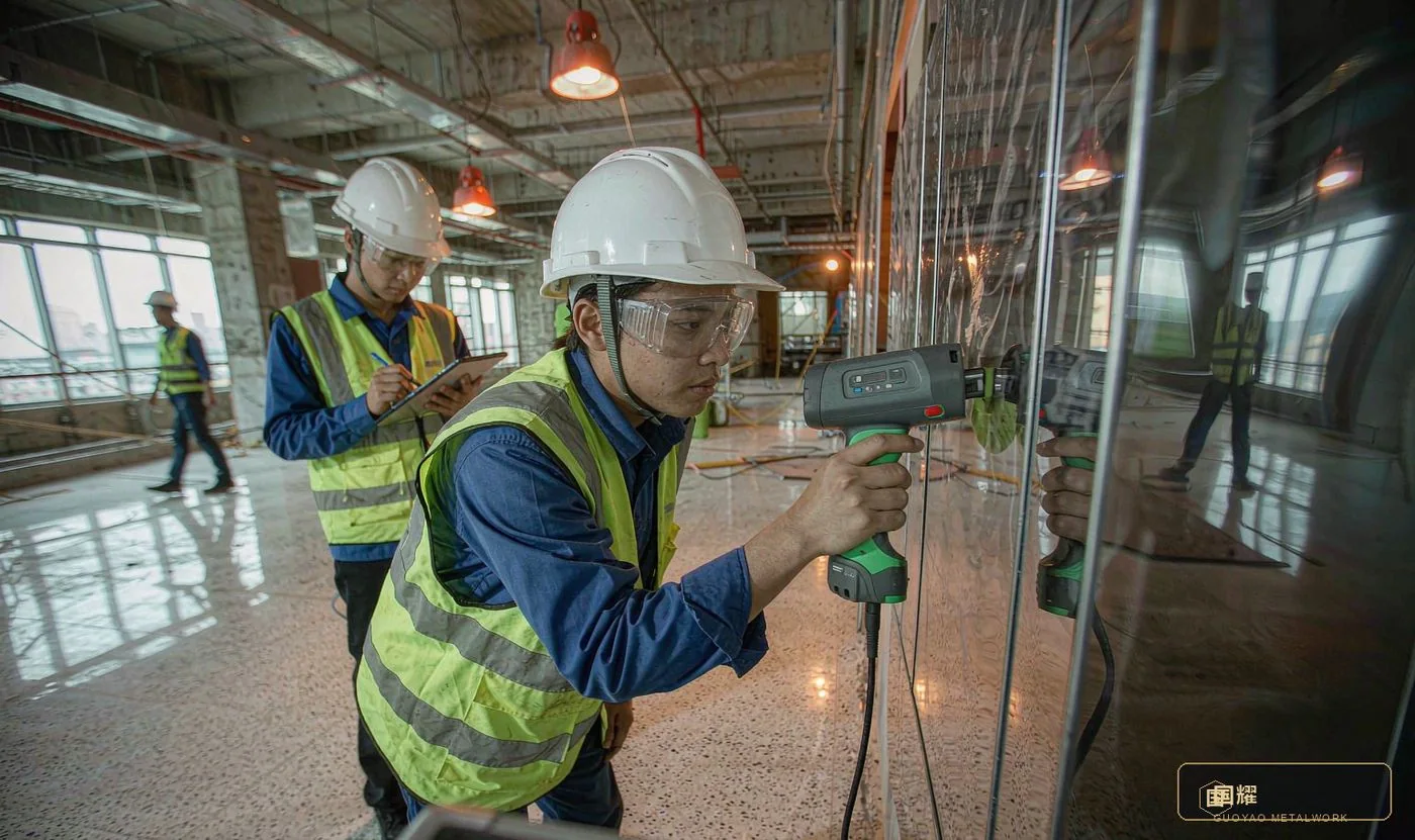 Incoming re-inspection: an inspector checking a stainless column cladding with a handheld spectrometer
