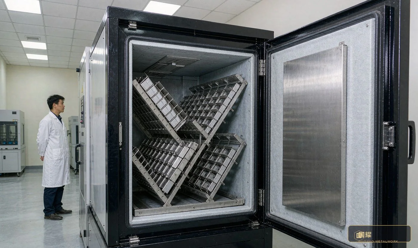 Metal test coupons inside a salt-spray chamber