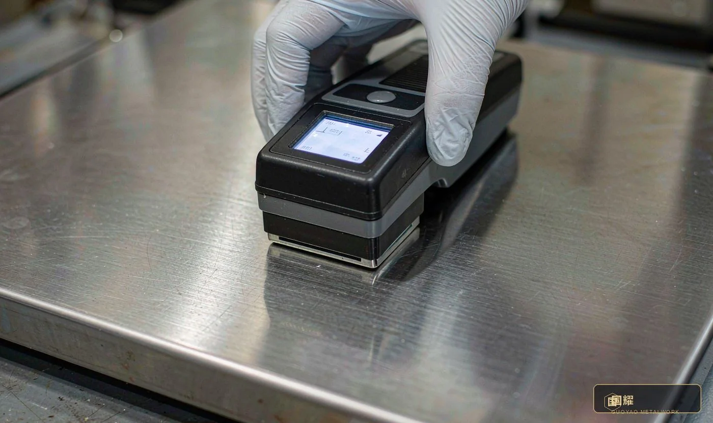 A gloss meter measuring a brushed panel