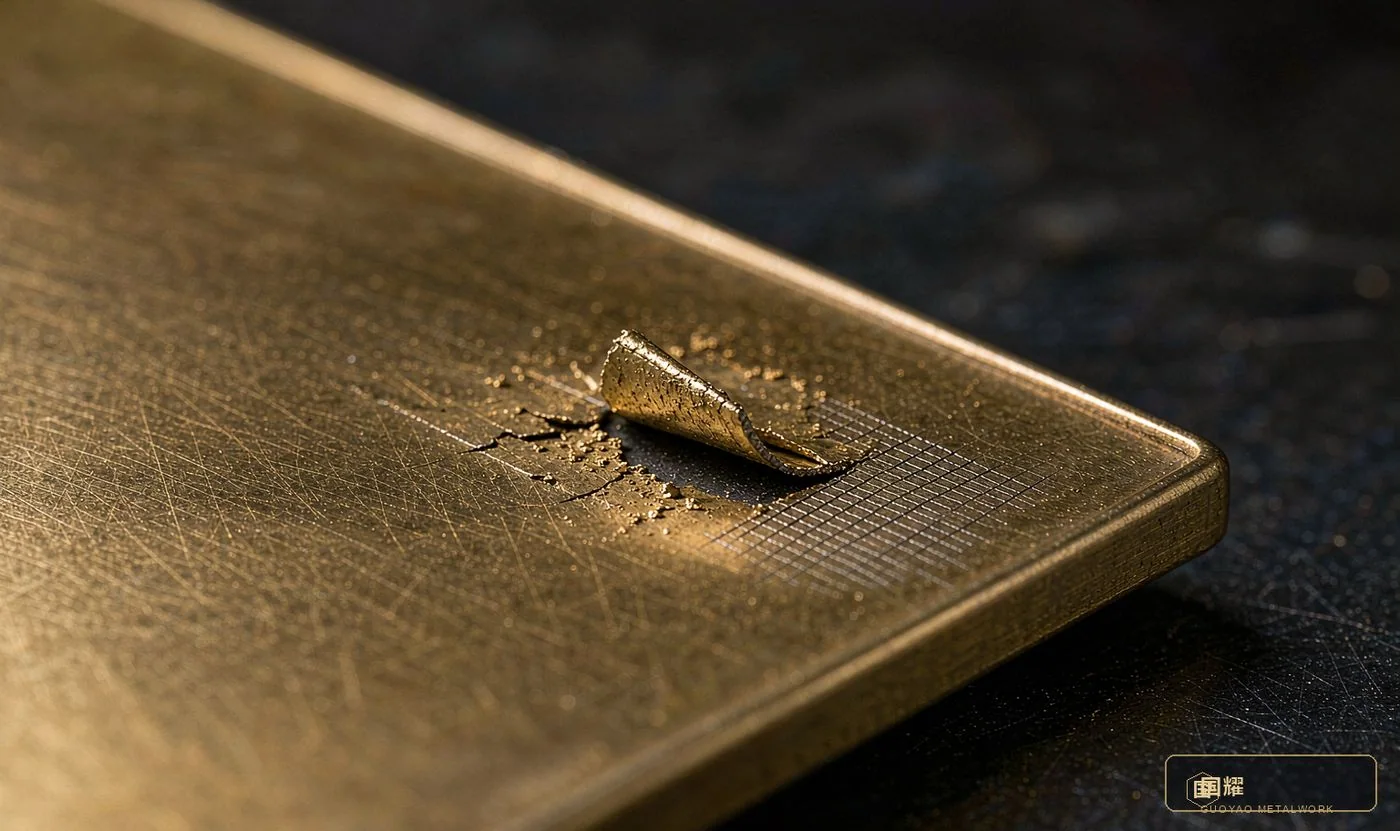 Coating peeling and cross-hatch test scratches close-up