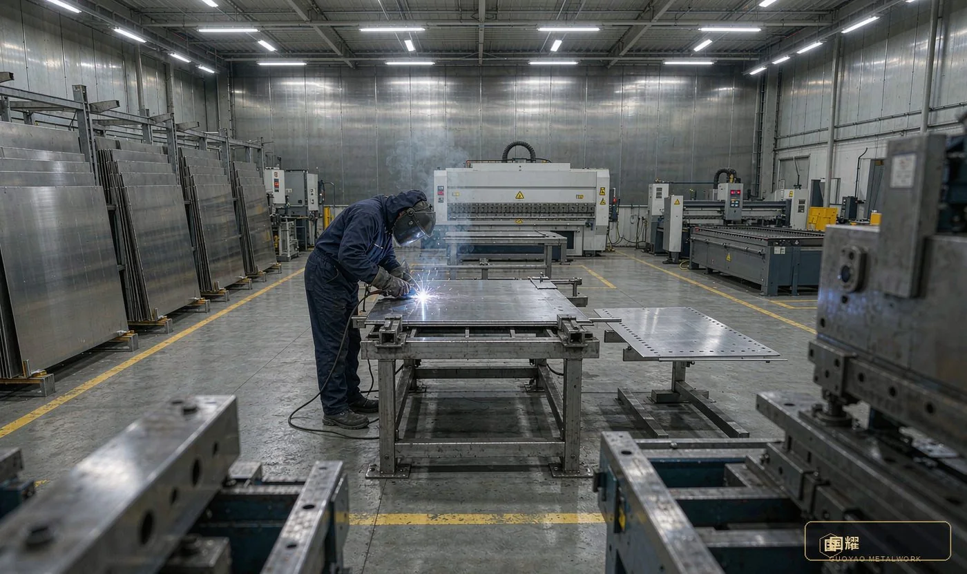 Stainless steel sheet-metal workshop with welding in progress