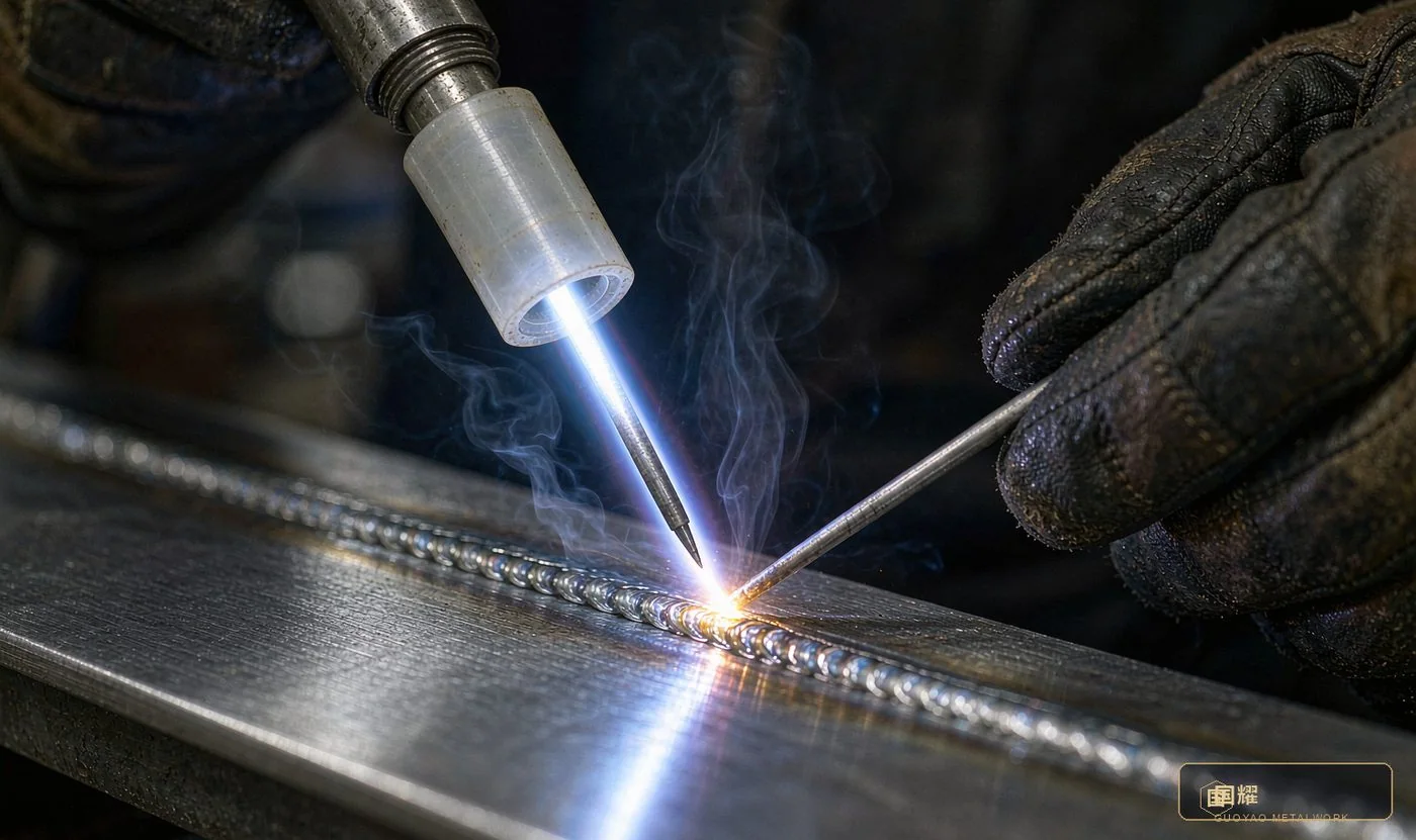 Close-up of precision TIG argon-arc welding: tungsten electrode, argon shielding and a narrow bead