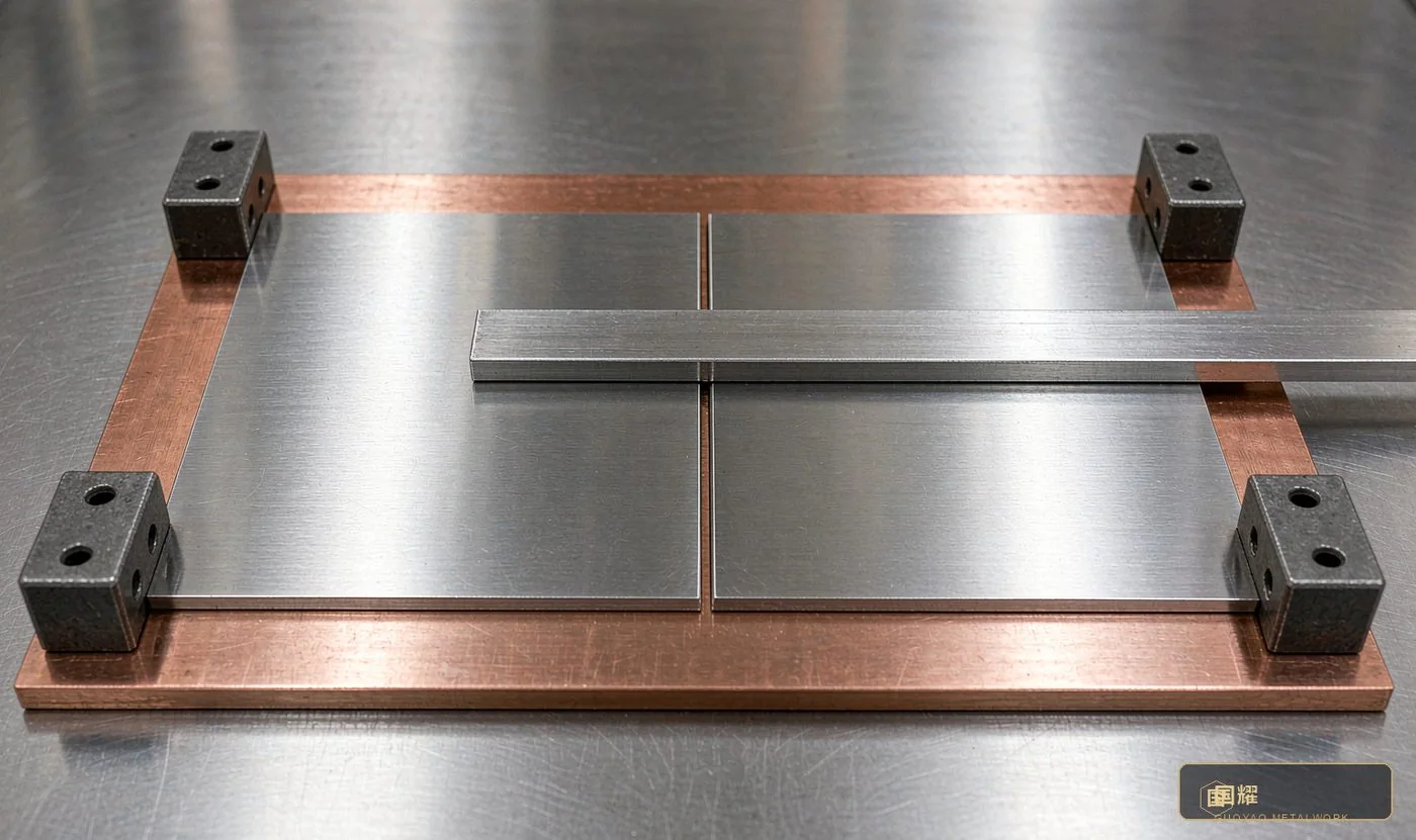Sheet butt fit-up: a 0.5–1 mm square-edge gap on a copper backing bar