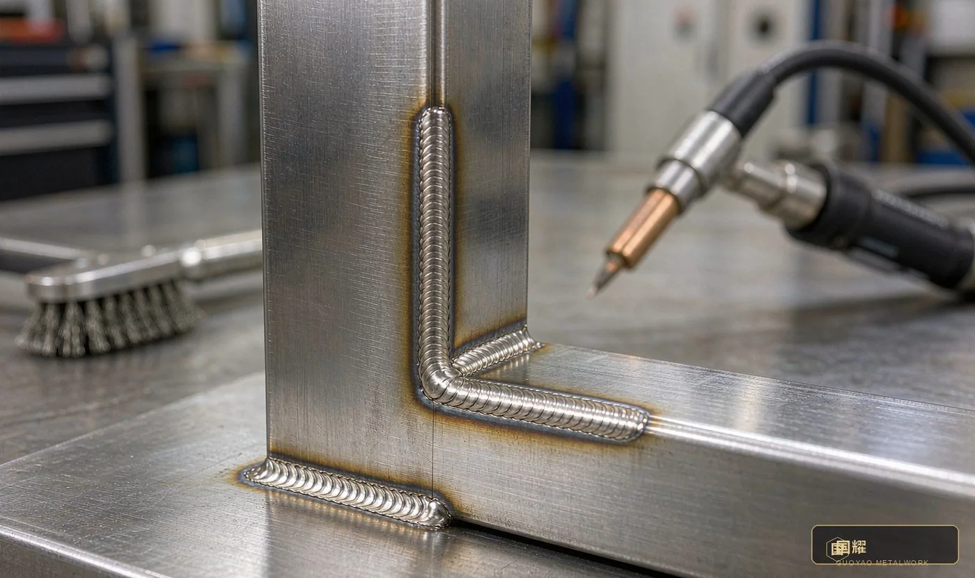 Finished double-sided fillet welds on a T-joint in a stainless frame