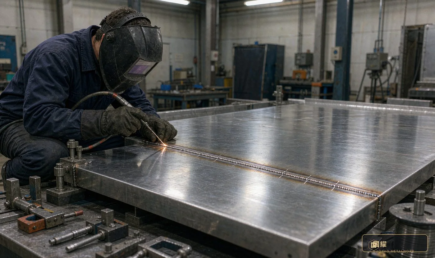 Back-step welding on a long seam: chalk lines divide the runs, welded backwards