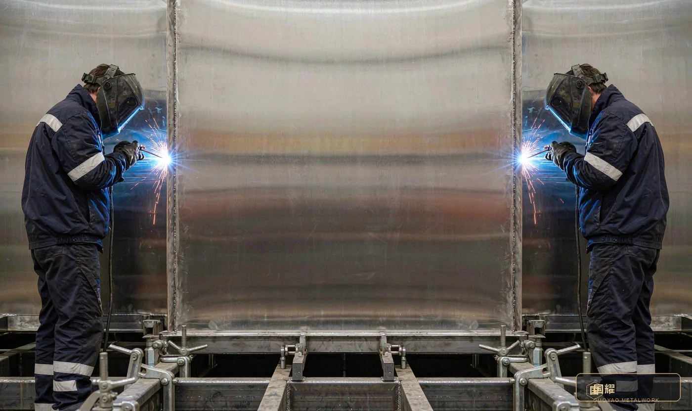 Two welders working symmetrically on either side of a large panel