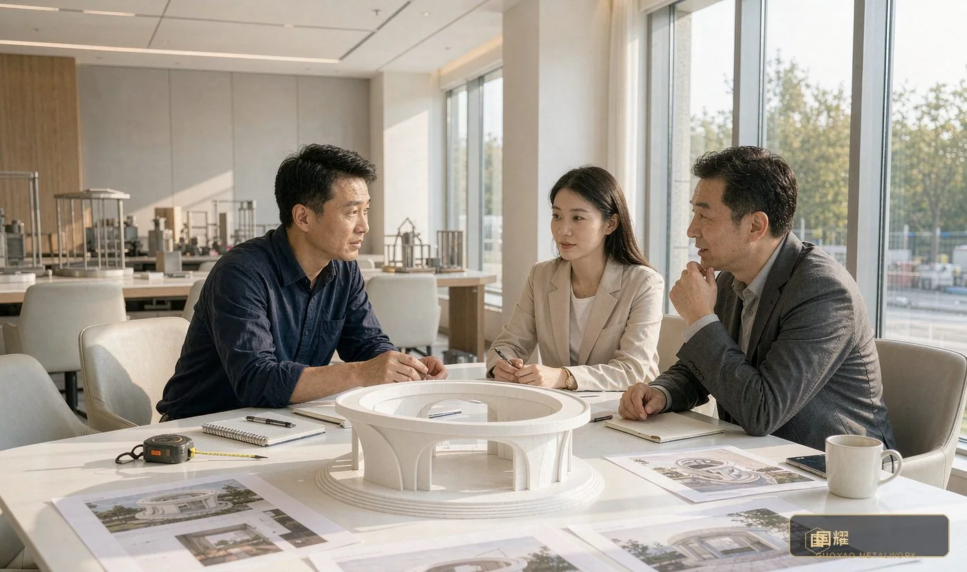 Chinese project team meeting a luxury retail client around a white scale model of the pavilion