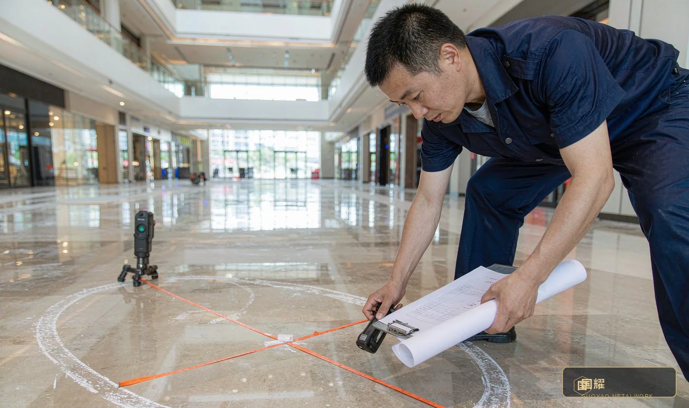 Survey technician measuring the oval pavilion footprint in a mall atrium