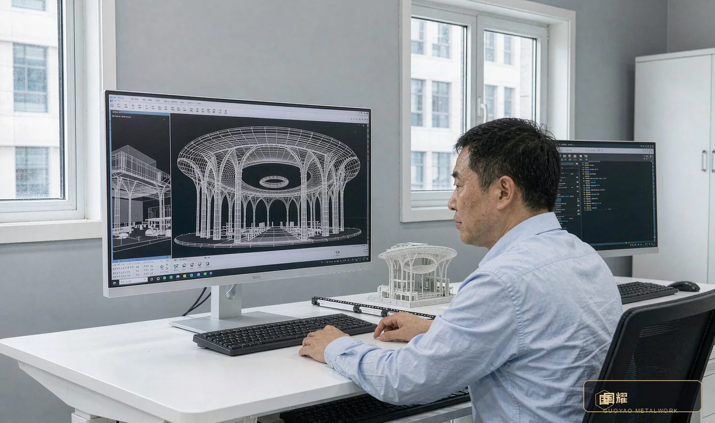 Engineer developing the elliptical pavilion BIM model at a modern desk