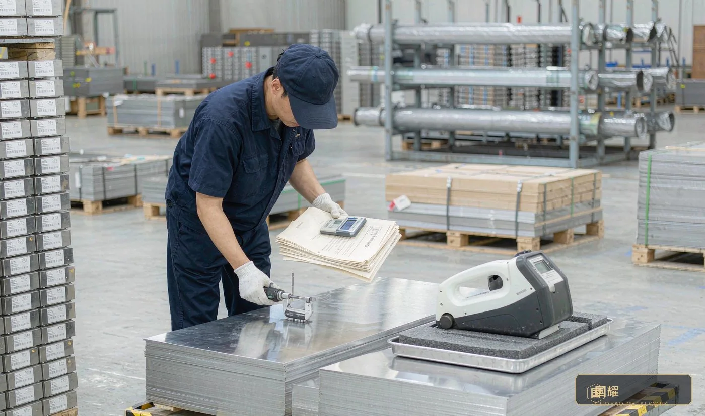 QC technician verifying aluminium stock in the factory warehouse