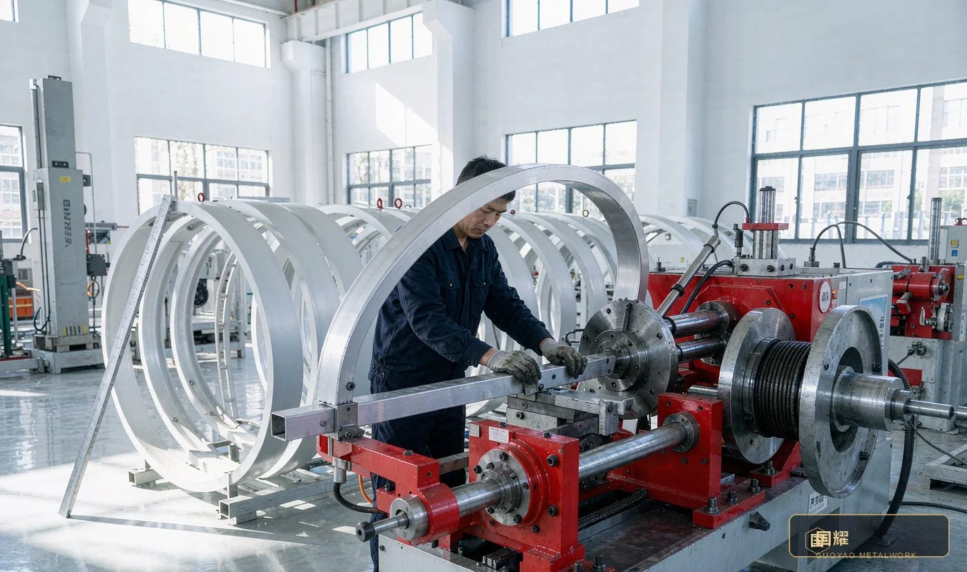 Worker roll-bending an aluminium tube into an oval ring segment
