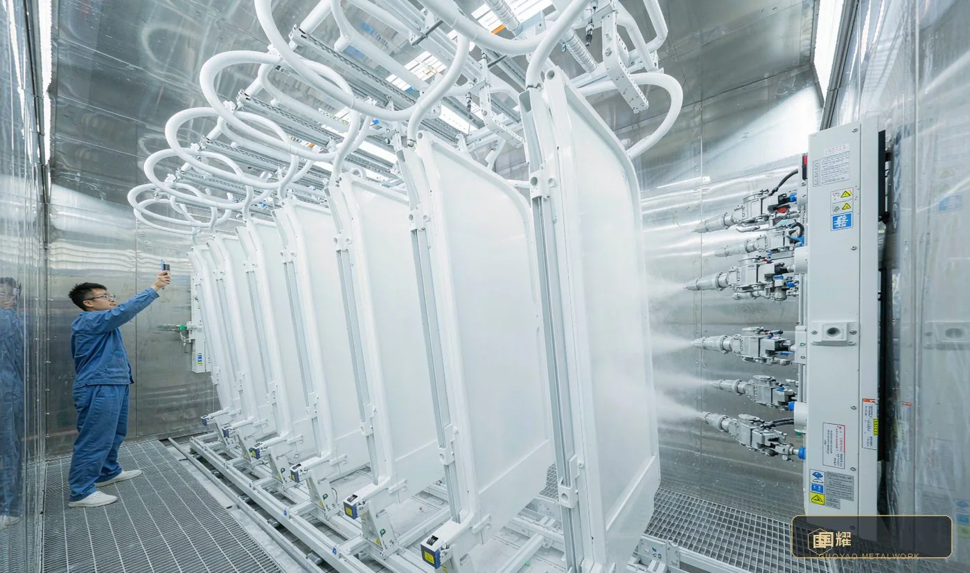 Robotic spray line coating white columns and ring beams
