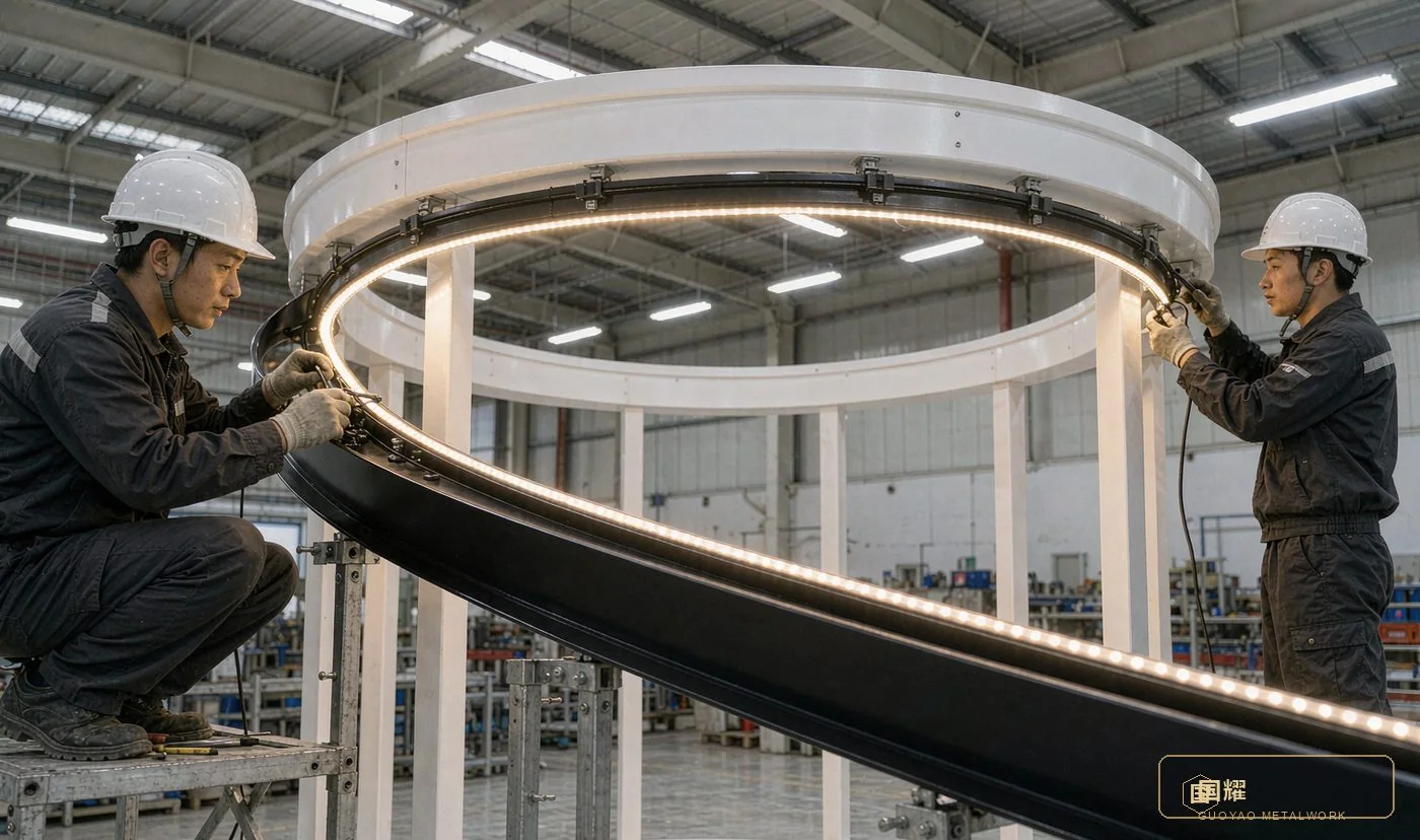 Workers fitting and testing LED strips in the black fascia band
