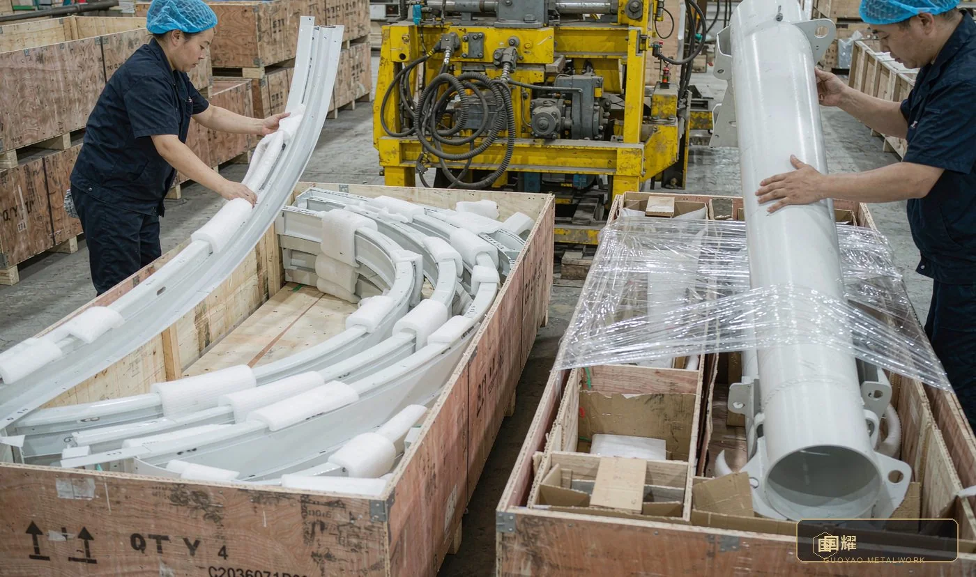 Workers packing curved ring segments into plywood export crates