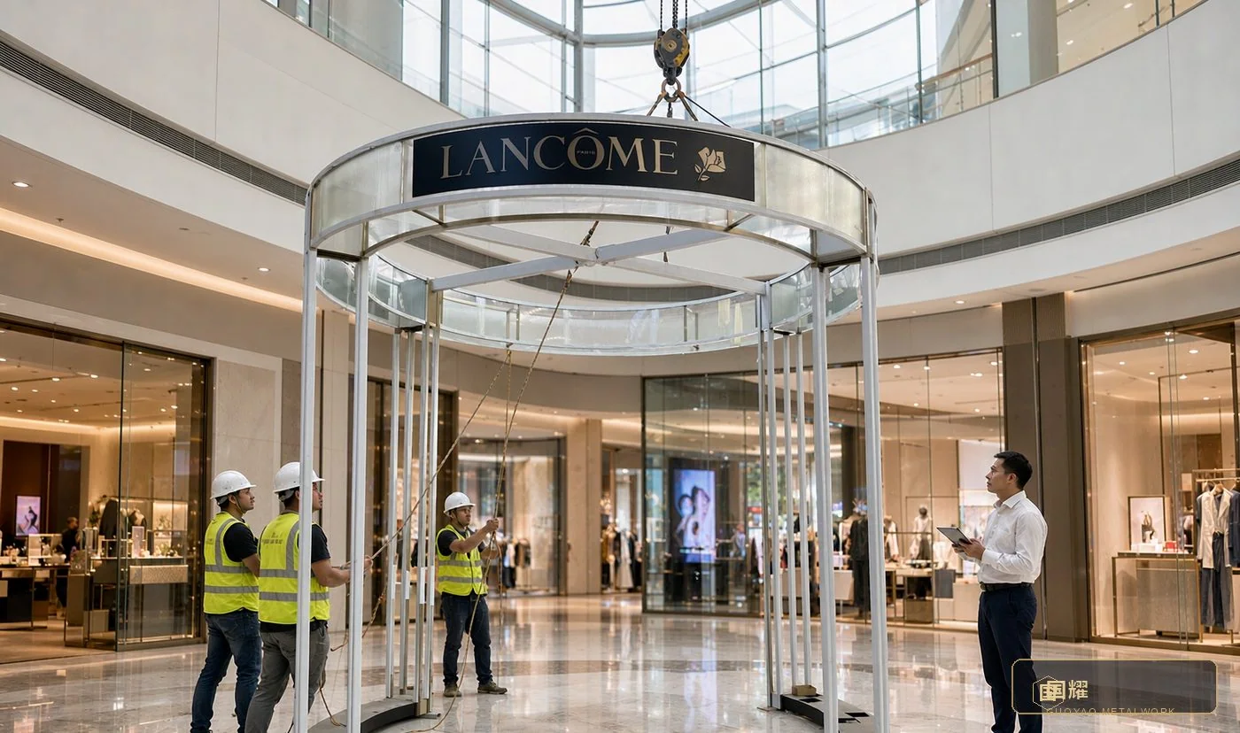 Ring beam hoisted into position over the white columns in the mall