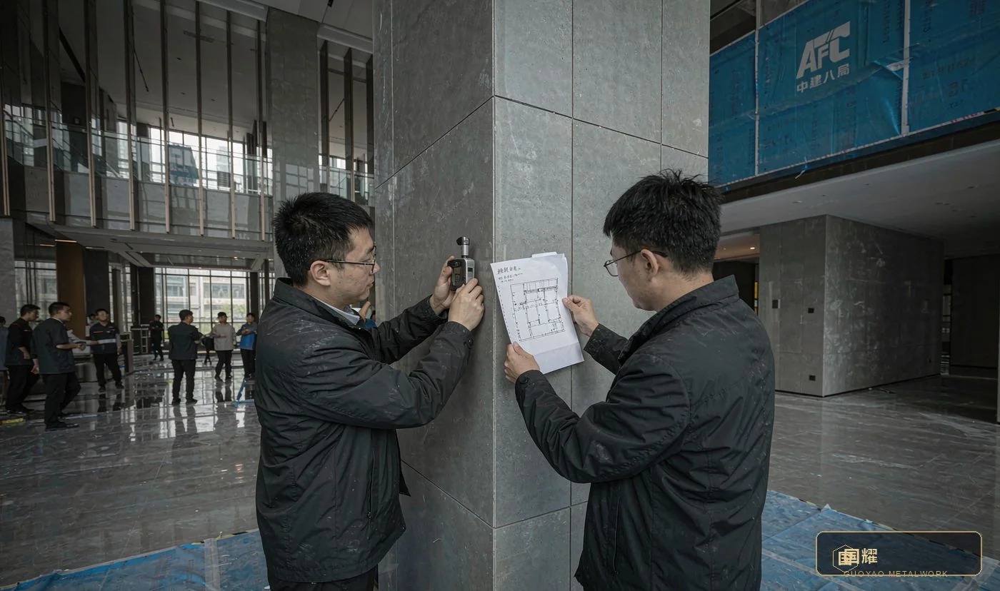 Site survey: laser measurement of a structural column in a CBD lobby under fit-out