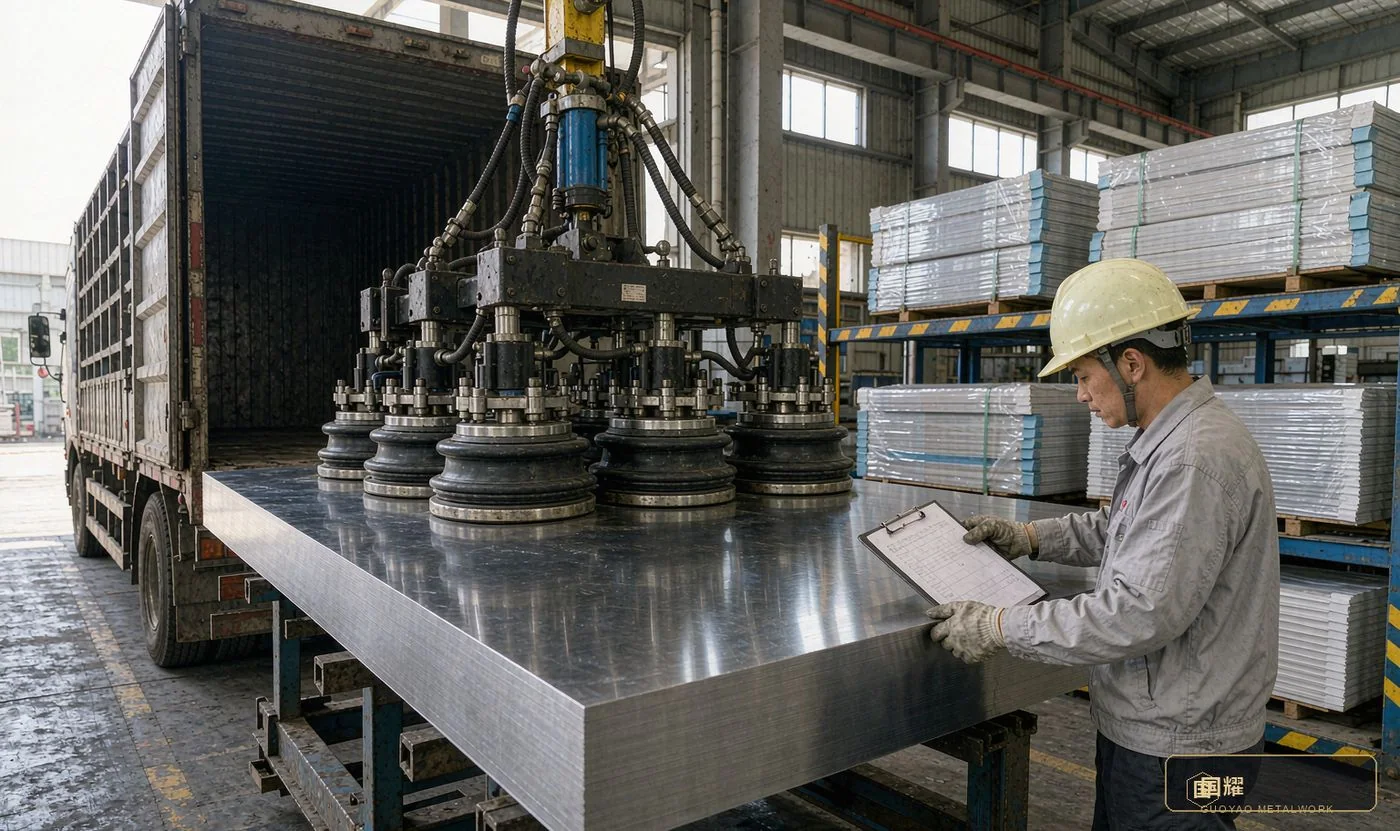 Material inbound inspection: stainless sheets offloaded and checked at goods-in