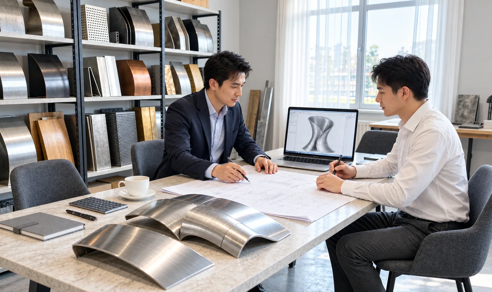 Design briefing meeting: curved metal samples and a 3D column model on the table