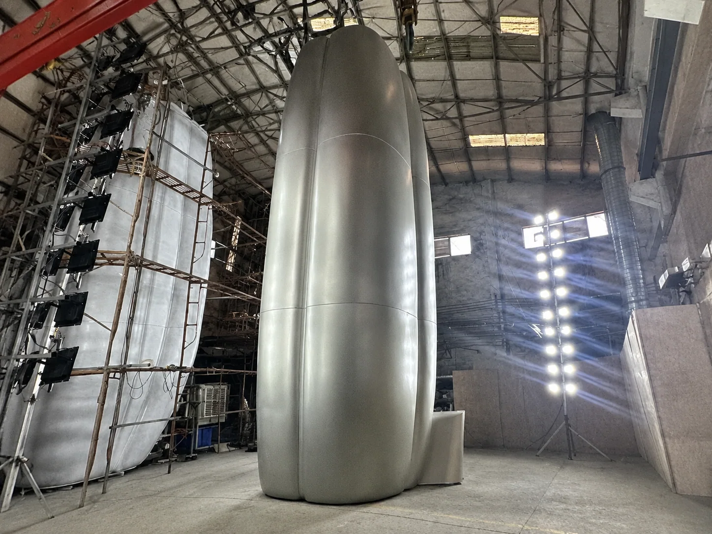 The shell with its internal steel frame behind