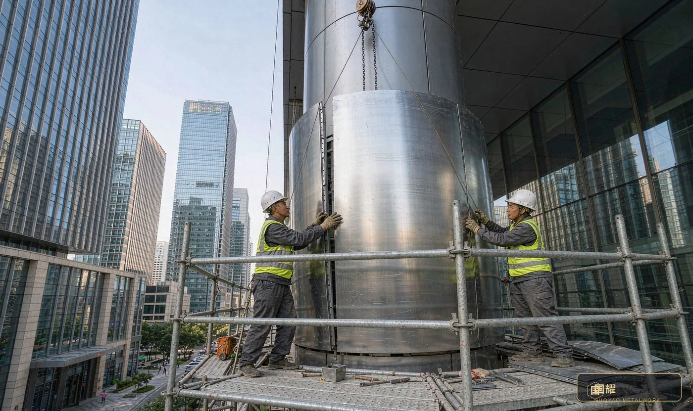 Installers guiding a curved panel onto a column on a CBD scaffold