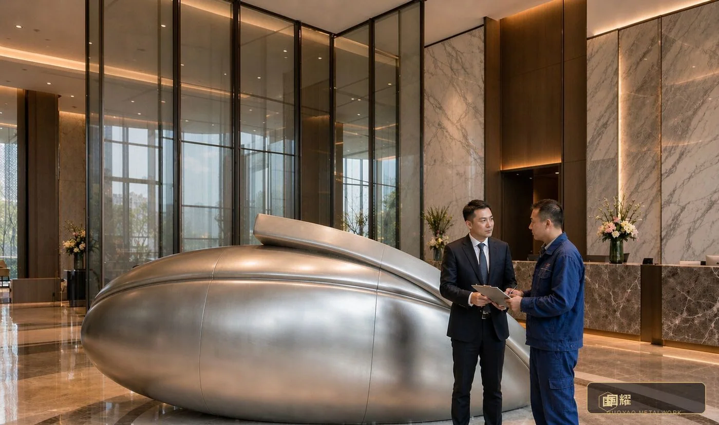 Client and QC engineer inspecting a finished column seam in the completed lobby