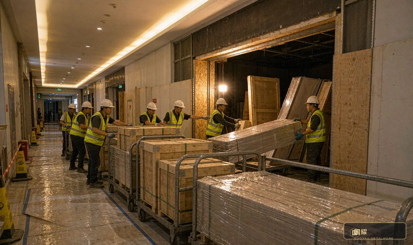 Night delivery through the mall's service corridor — floor protection down, crates moving to the hoarded unit in installation order.