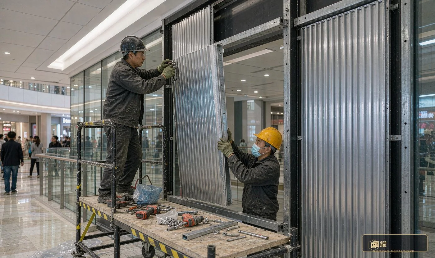 Hanging a fluted module onto the frame — two lifting points, protected edges, the sequence rehearsed at the rig.
