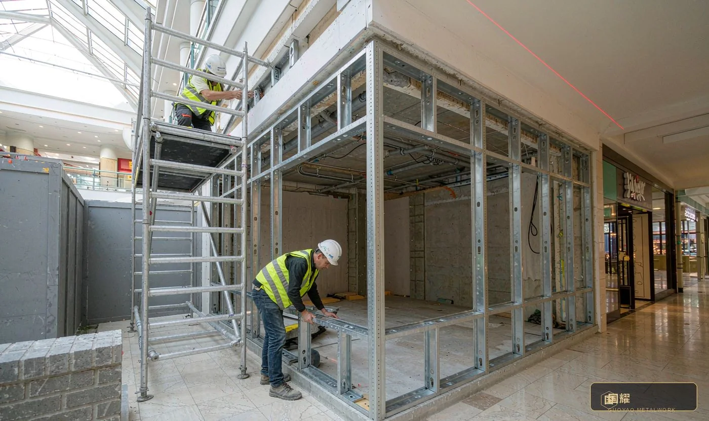 The sub-frame going in: fixed to the slab at the surveyed points, laser line and level checked before the first panel moves.