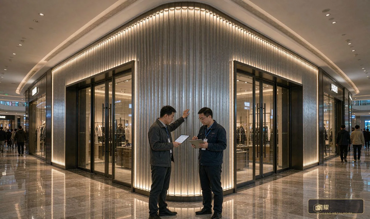 Final acceptance walk: brand representative and project manager with the punch list, against the mock-up standard, the QC records and the commissioning log.